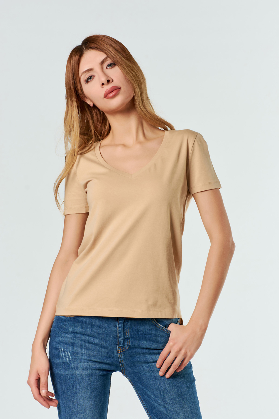 3470 V Yaka Basic T-Shirt Camel-Coral