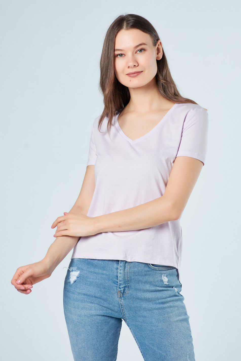 3470 V Yaka Basic T-Shirt Lila-Coral