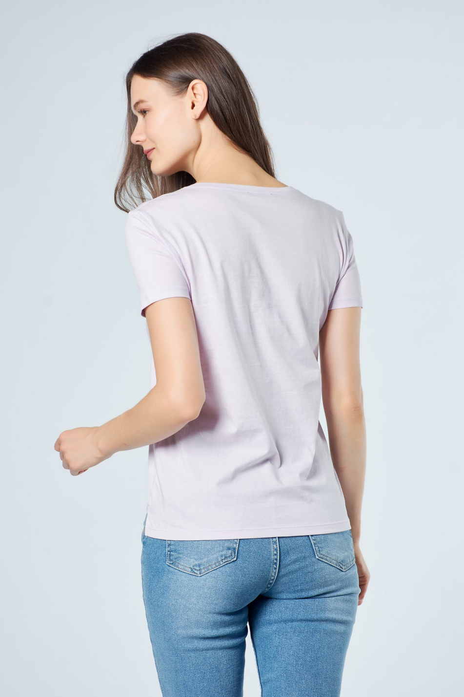 3470 V Yaka Basic T-Shirt Lila-Coral