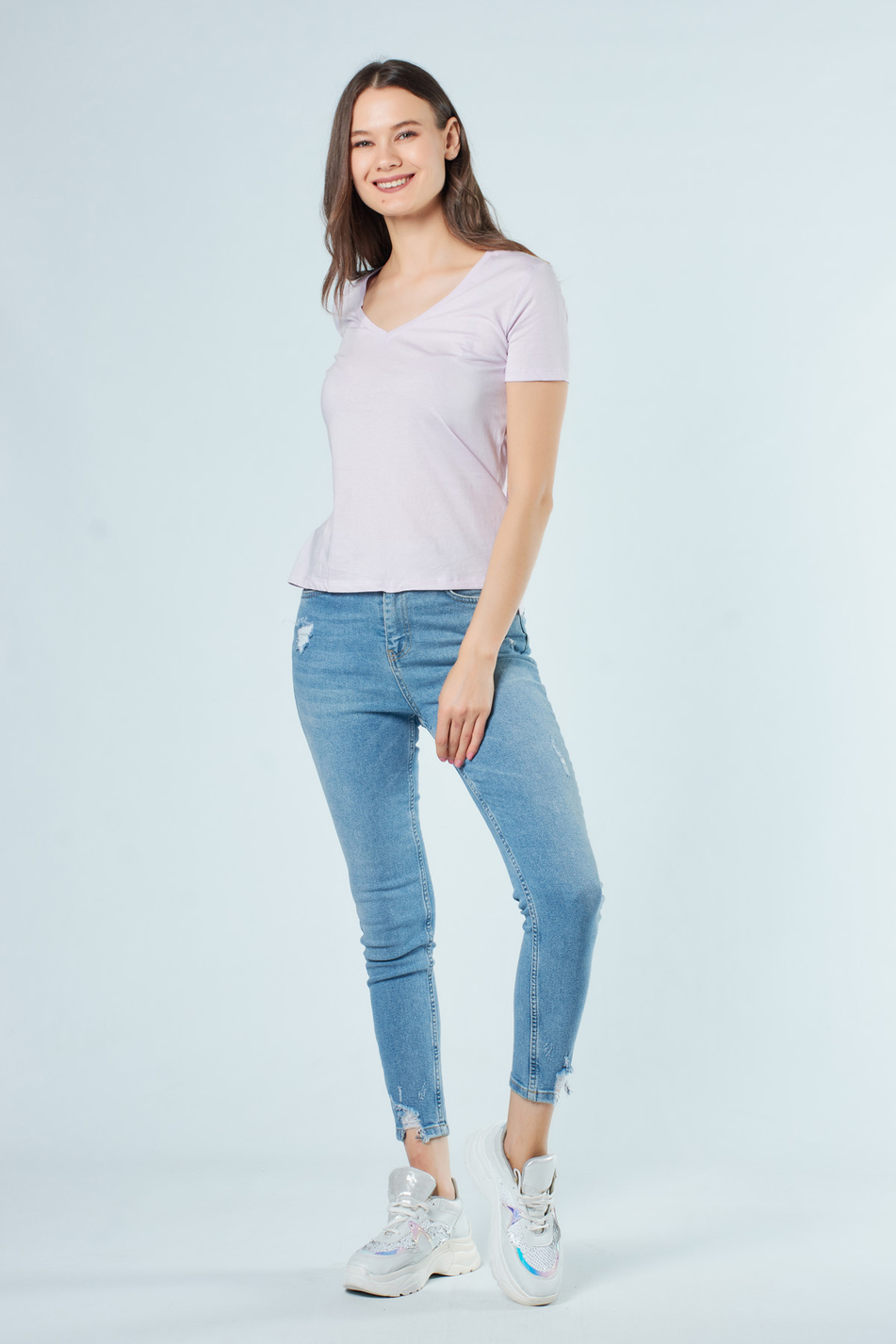 3470 V Yaka Basic T-Shirt Lila-Coral