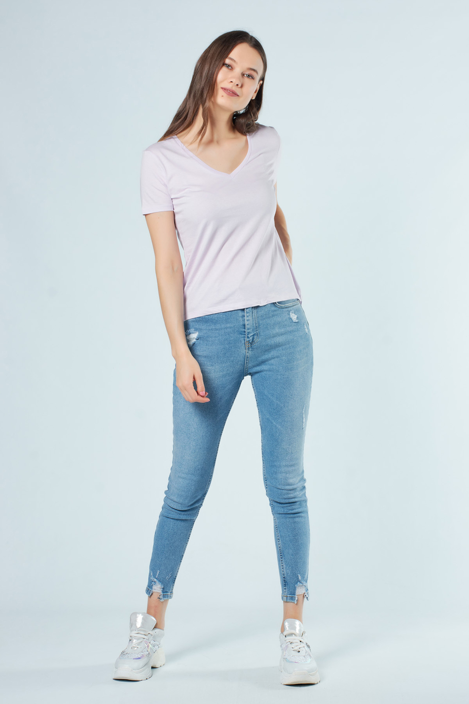3470 V Yaka Basic T-Shirt Lila-Coral