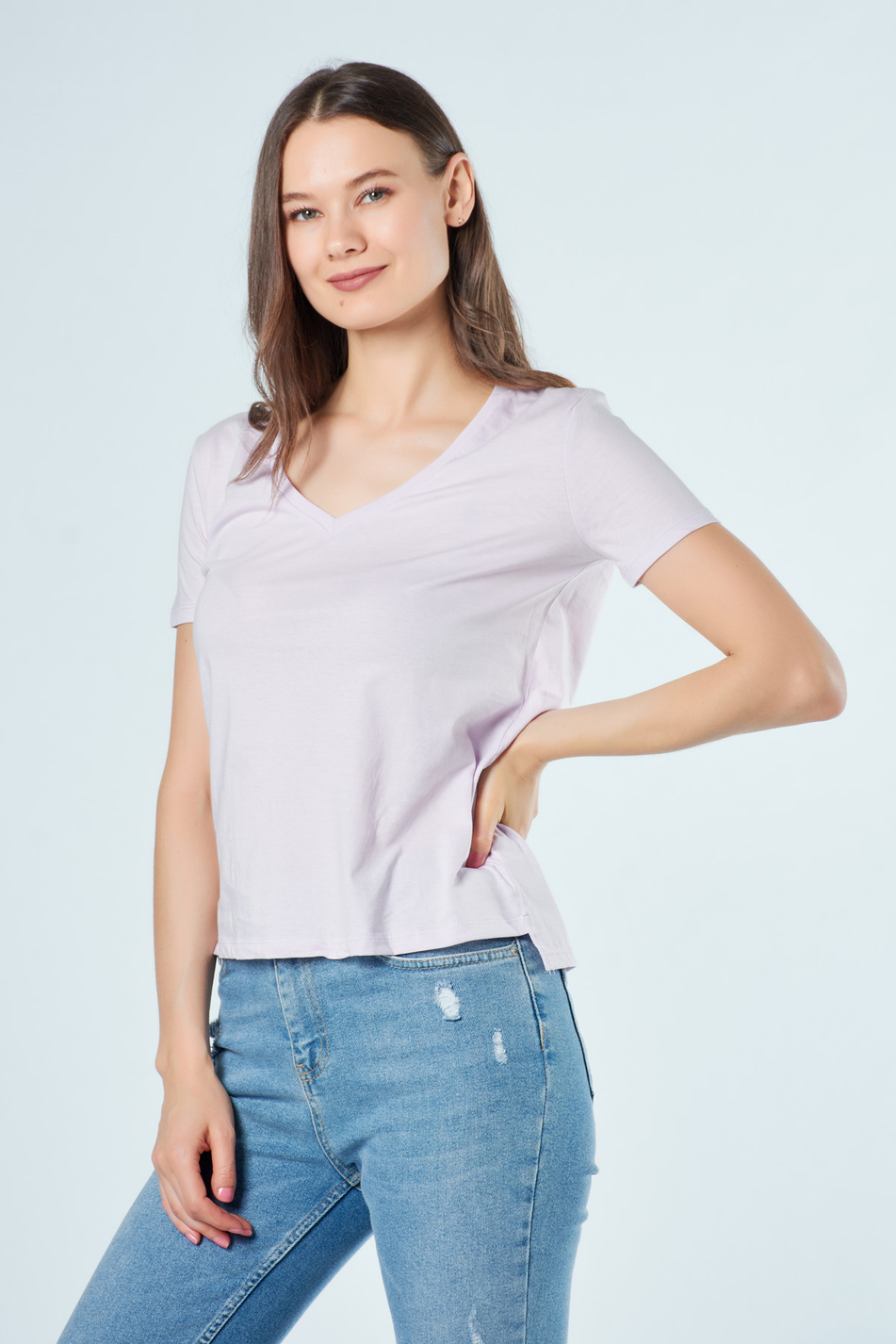 3470 V Yaka Basic T-Shirt Lila-Coral