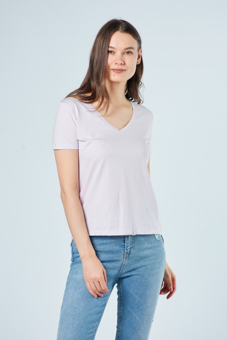3470 V Yaka Basic T-Shirt Lila-Coral