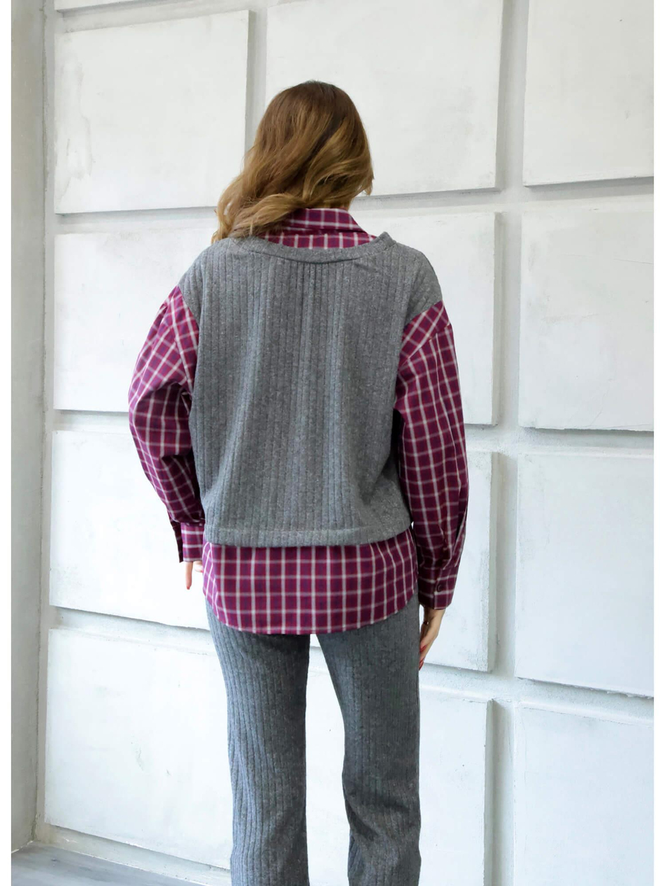 36596 Süveterli Ekose Gömlekli Takım Antrasit - BordoCoral