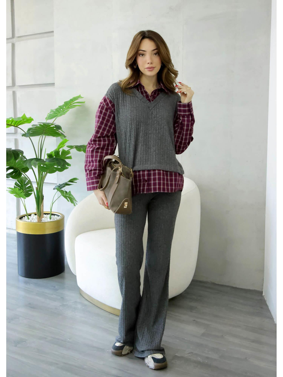 36596 Süveterli Ekose Gömlekli Takım Antrasit - BordoCoral