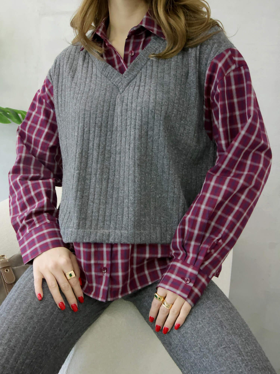 36596 Süveterli Ekose Gömlekli Takım Antrasit - BordoCoral