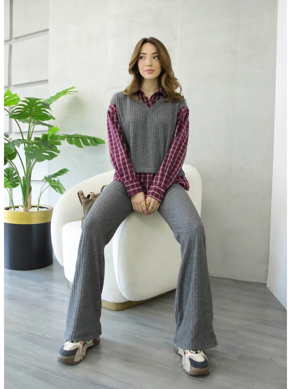 36596 Süveterli Ekose Gömlekli Takım Antrasit - BordoCoral