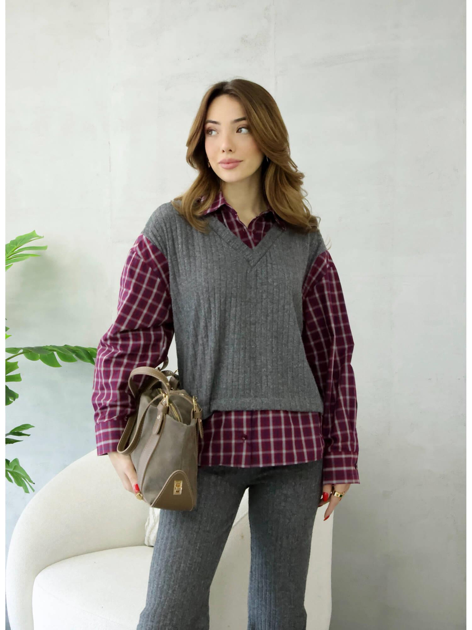 36596 Süveterli Ekose Gömlekli Takım Antrasit - BordoCoral