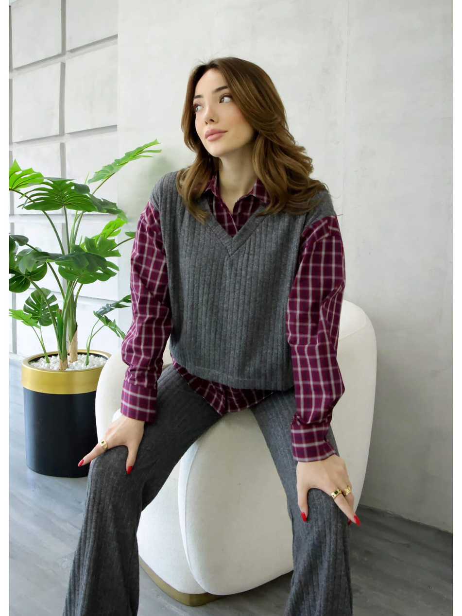 36596 Süveterli Ekose Gömlekli Takım Antrasit - BordoCoral