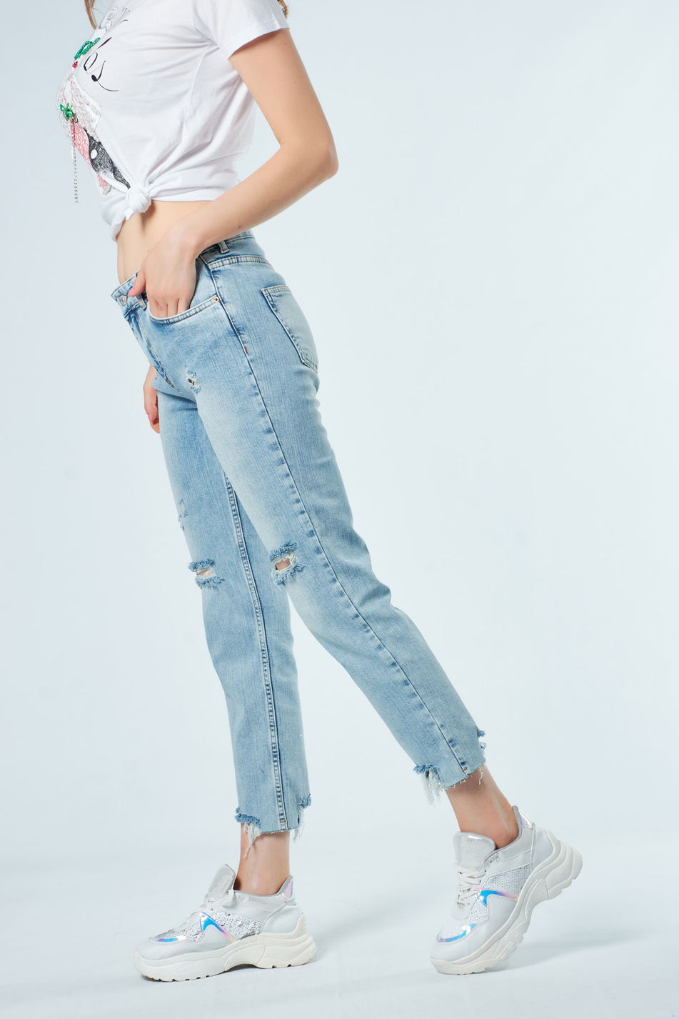 4084 Havlu Yıkama Boyfriend Pantolon Mavi-Coral