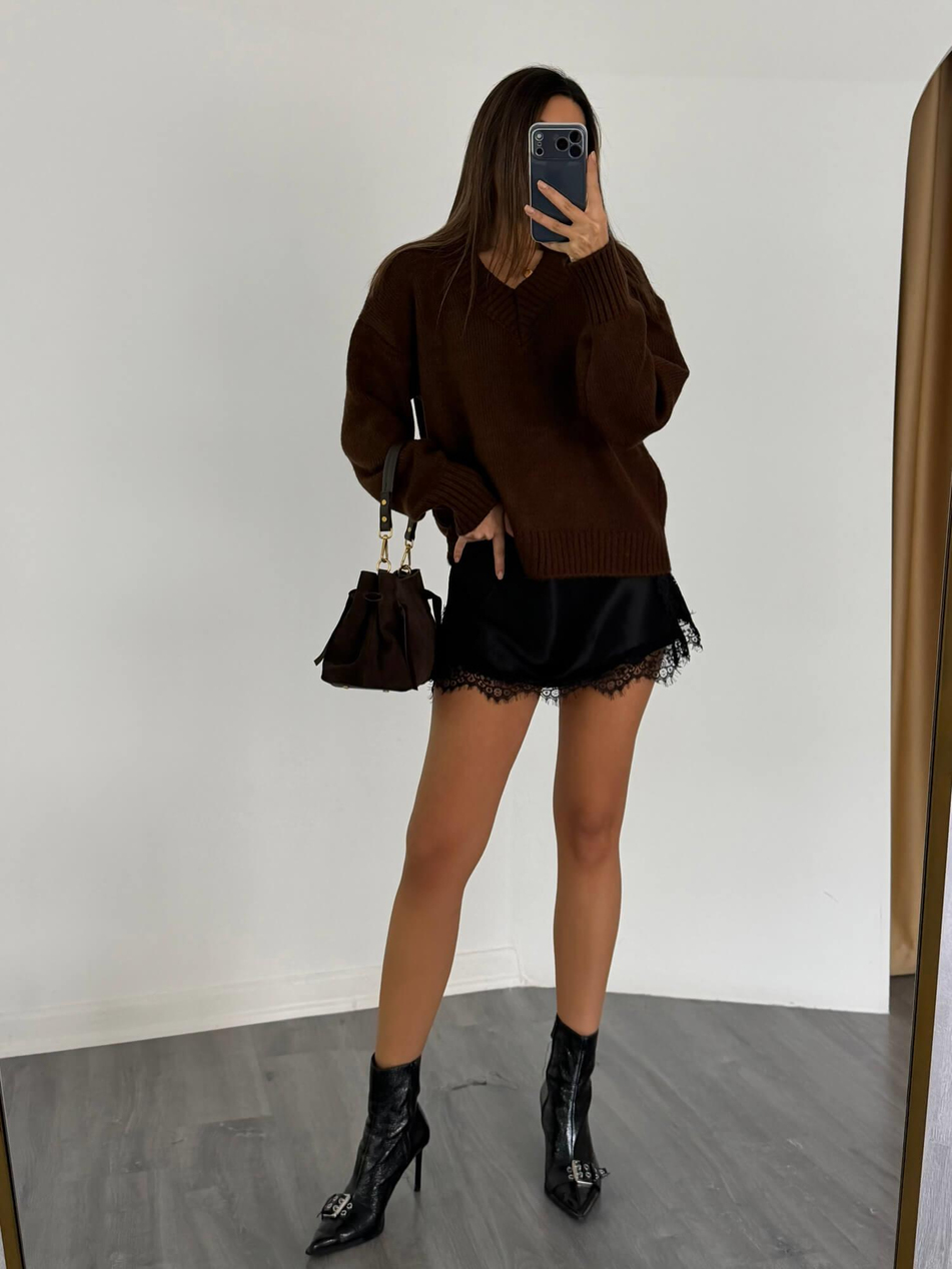 4657 İçi Saten Bluzlu Kazak KahveCoral