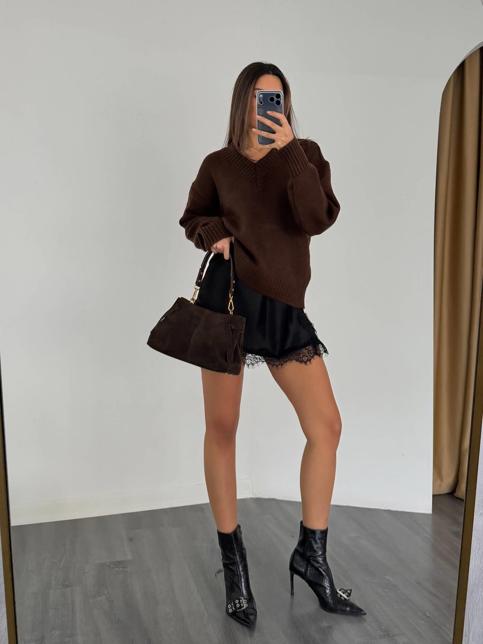 4657 İçi Saten Bluzlu Kazak KahveCoral