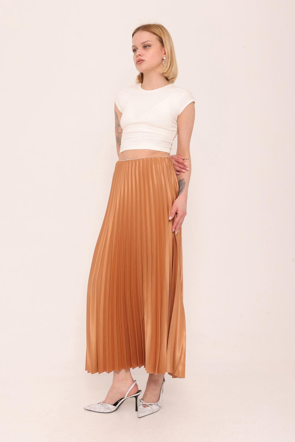 50137 Piliseli Uzun Etek Camel-Coral