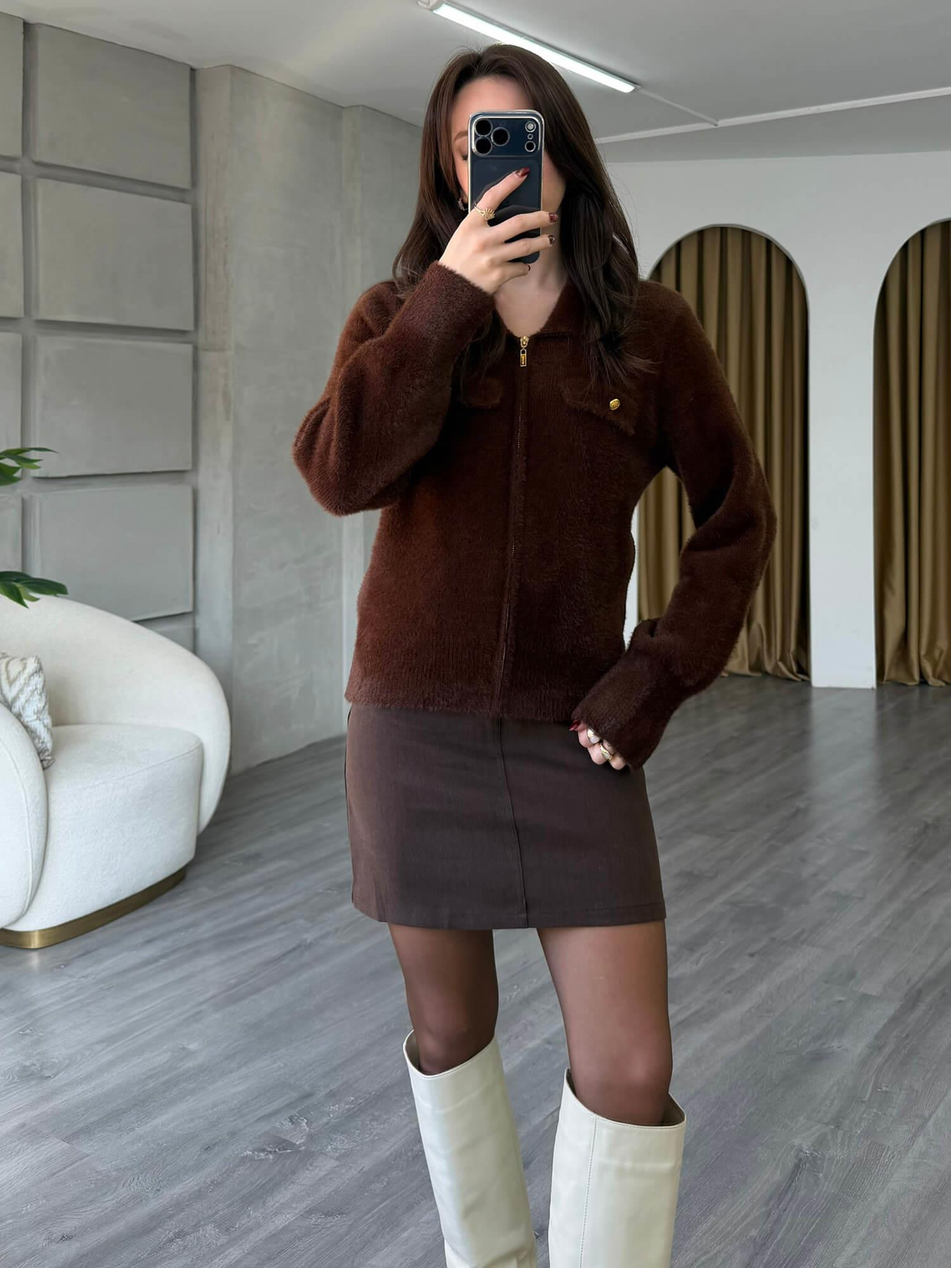 7601 Gömlek Yaka Peluş Hırka KahveCoral