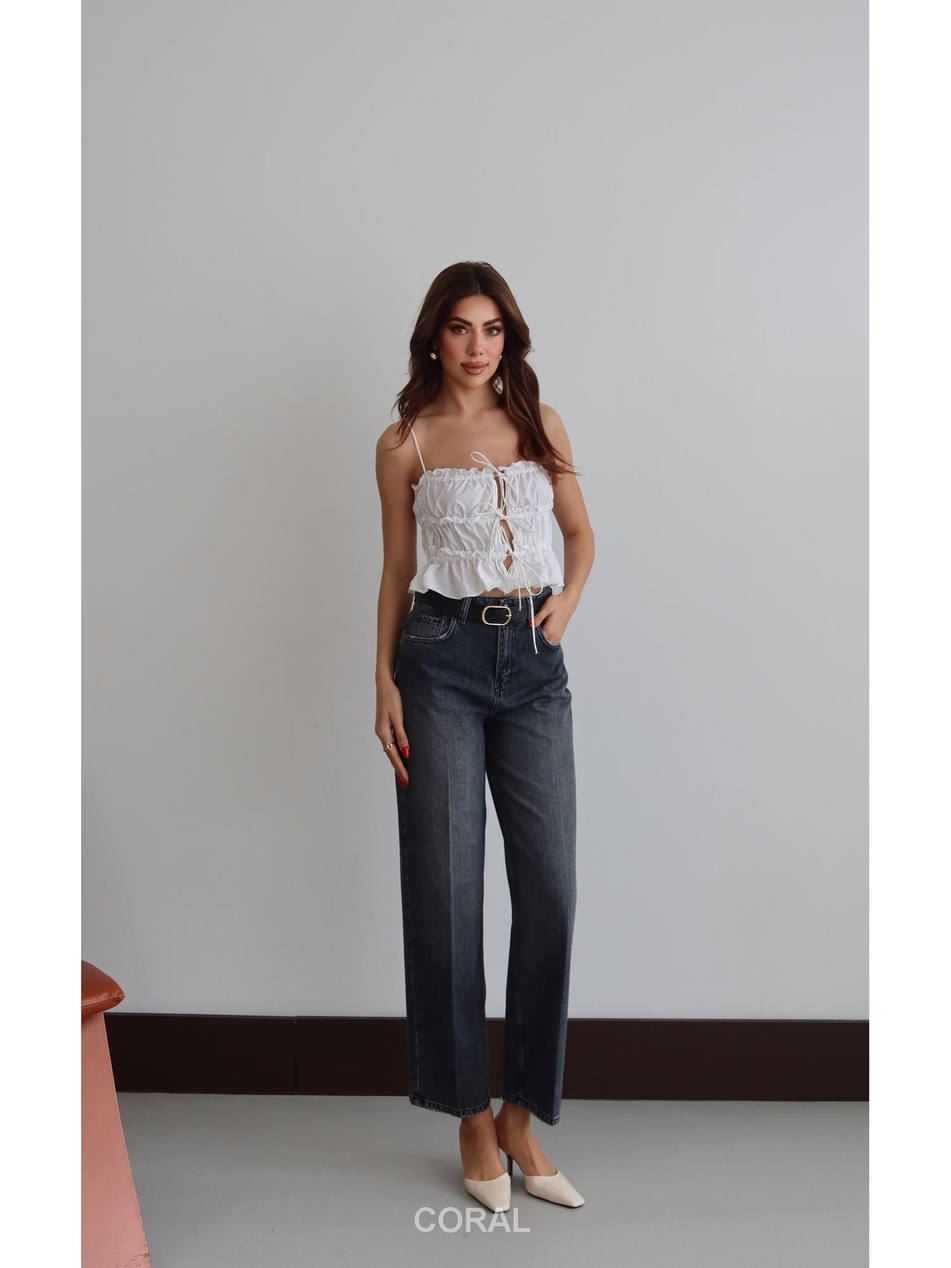 8273 Oval Tokalı Kemerli Kot Pantolon AntrasitCoral