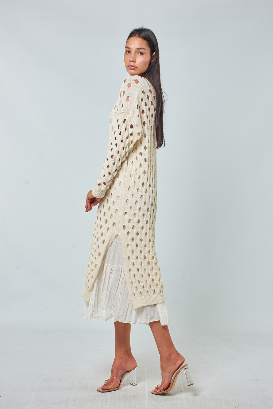 91052 Vual Astarlı Ajurlu Elbise Ekru-Coral