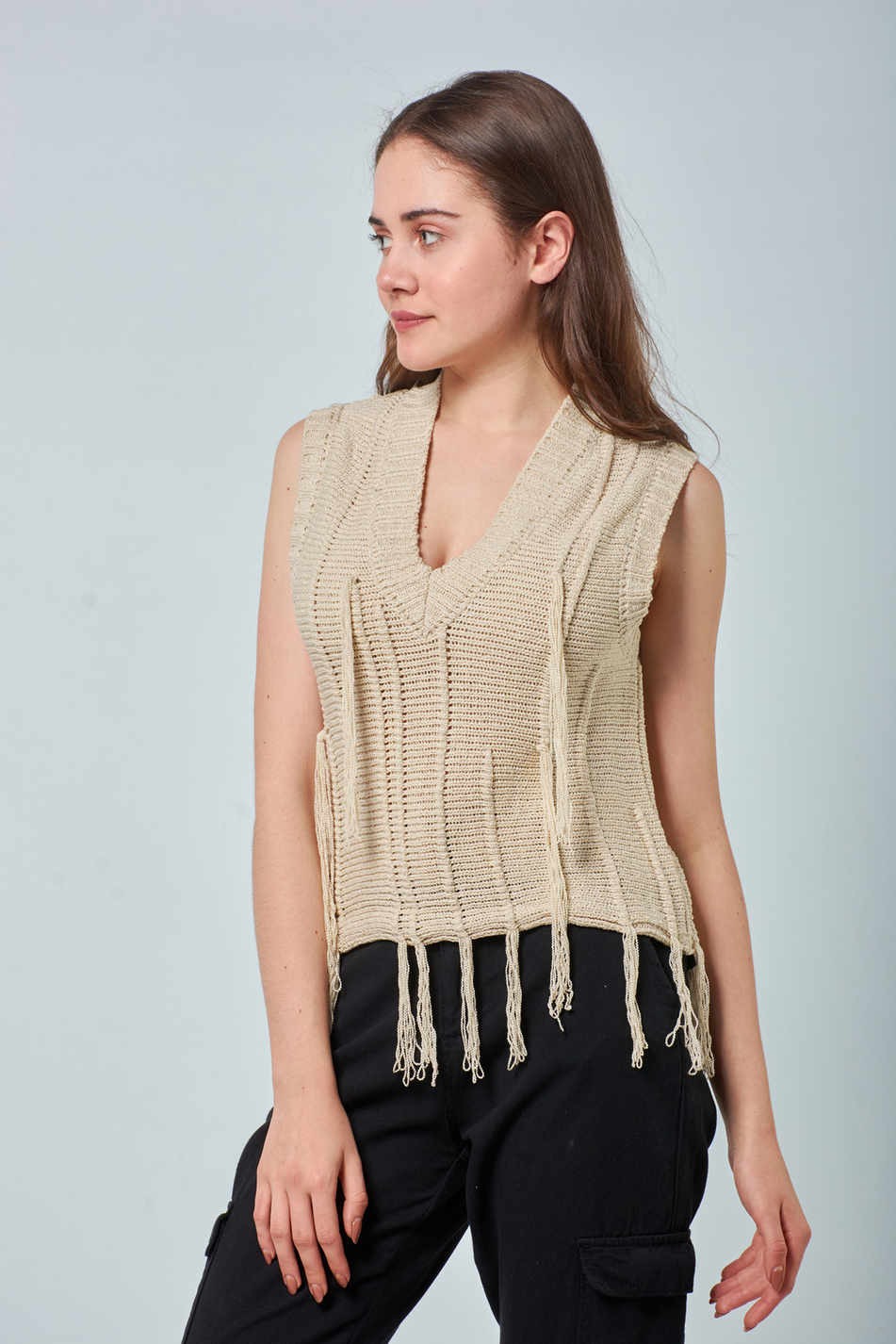 91055 Saçaklı Süveter Bej-Coral
