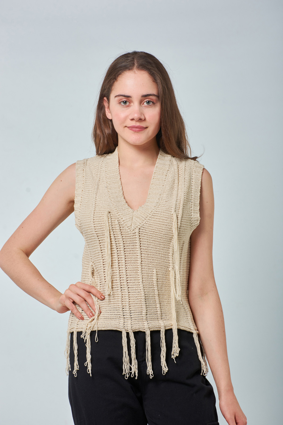 91055 Saçaklı Süveter Bej-Coral