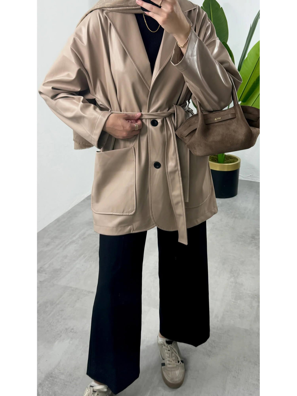 9472 Çift Cepli Kısa Deri Trençkot Vizon