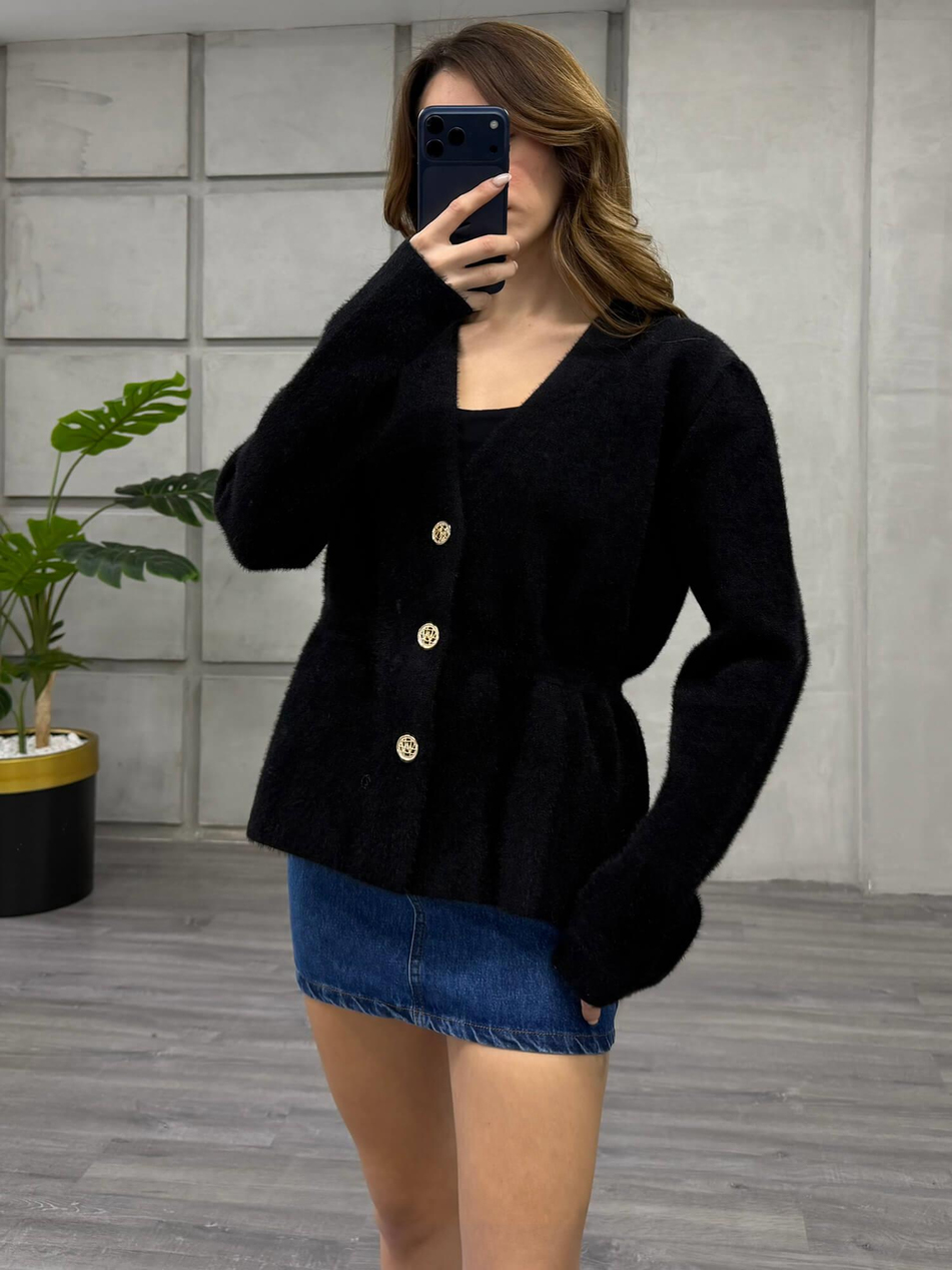 Angora Yaka V Yaka Ceket 140395 SiyahCoral