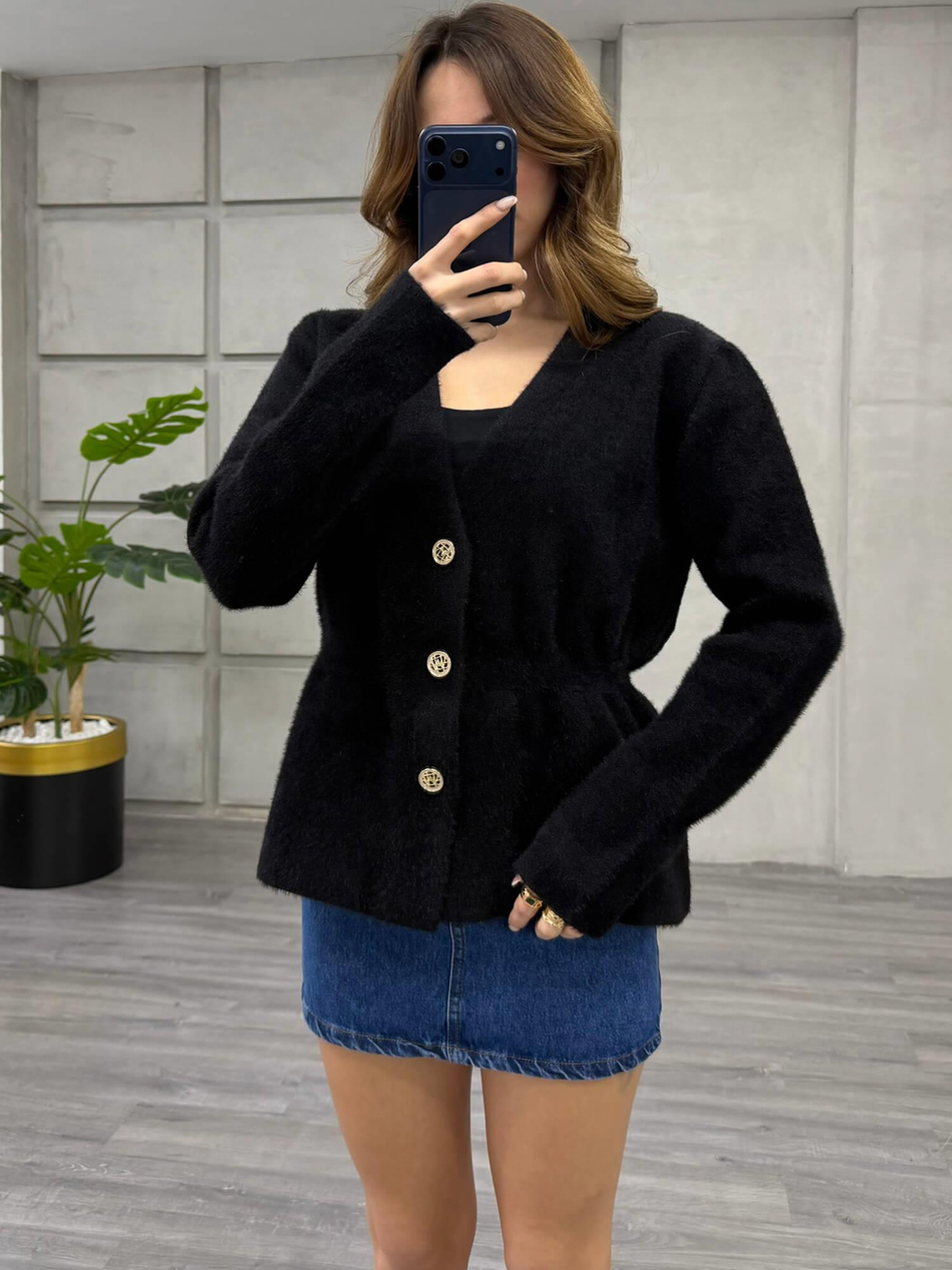 Angora Yaka V Yaka Ceket 140395 SiyahCoral
