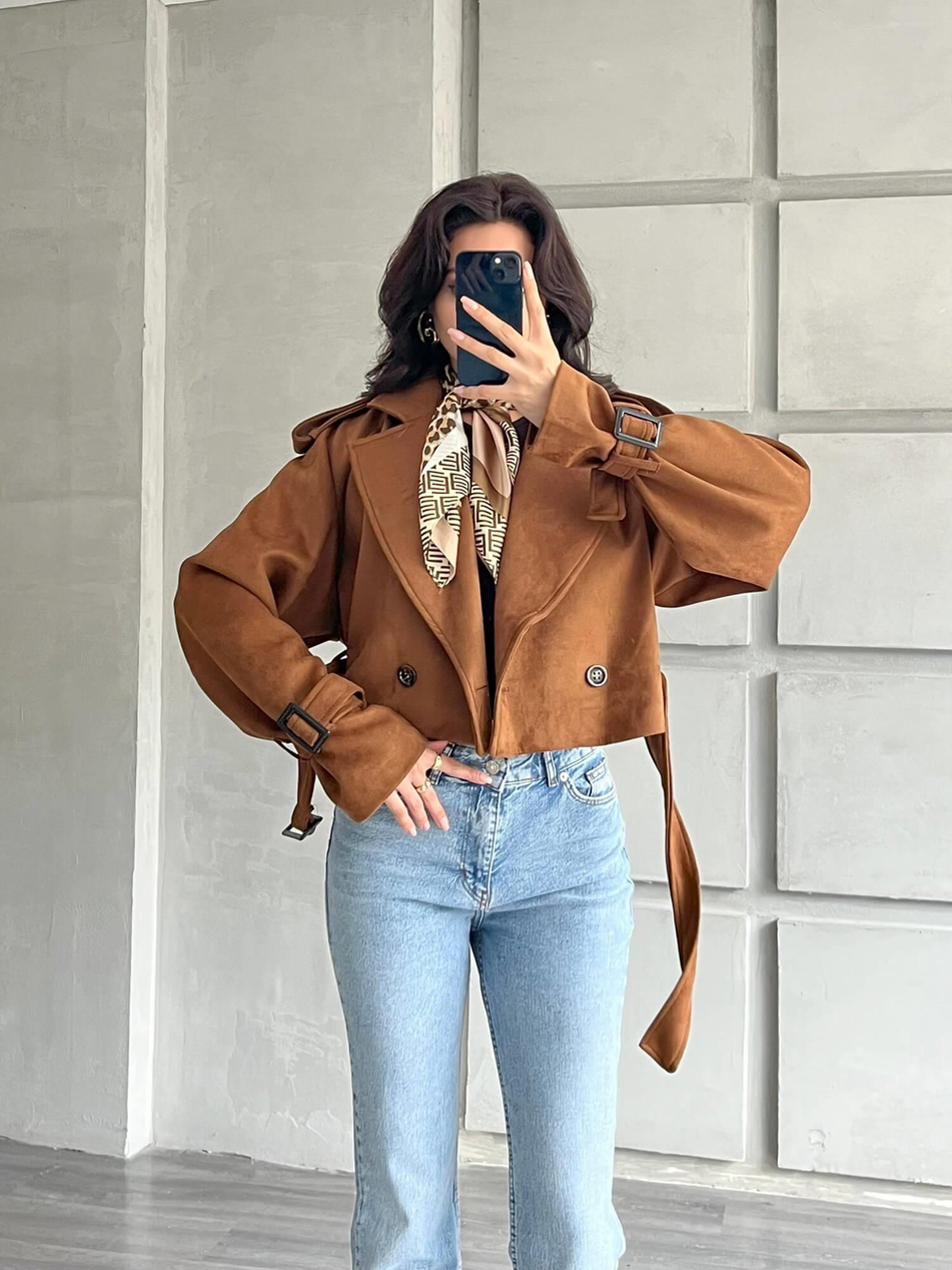 Apoletli Kısa Süet Ceket 509250 CamelCoral