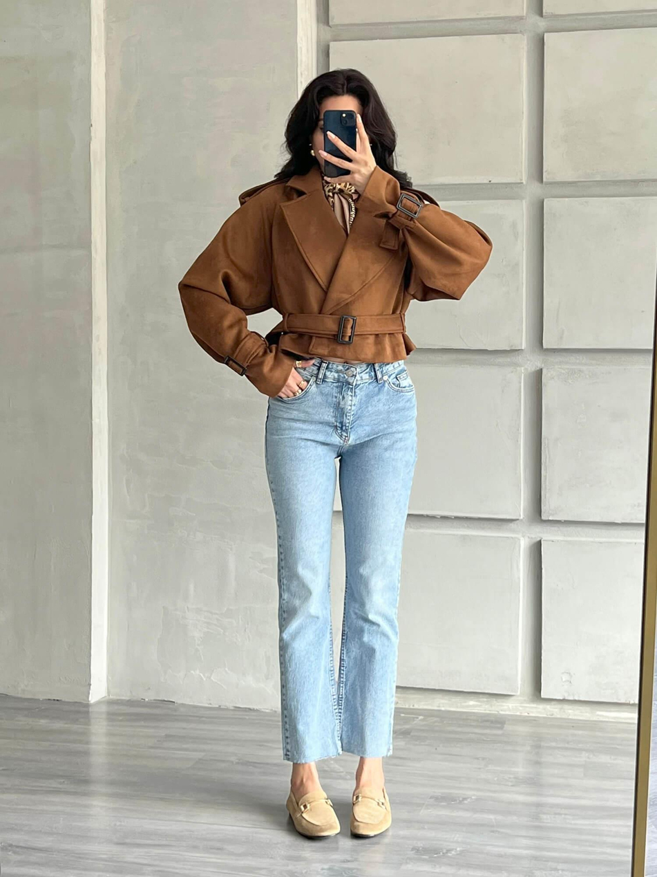 Apoletli Kısa Süet Ceket 509250 CamelCoral