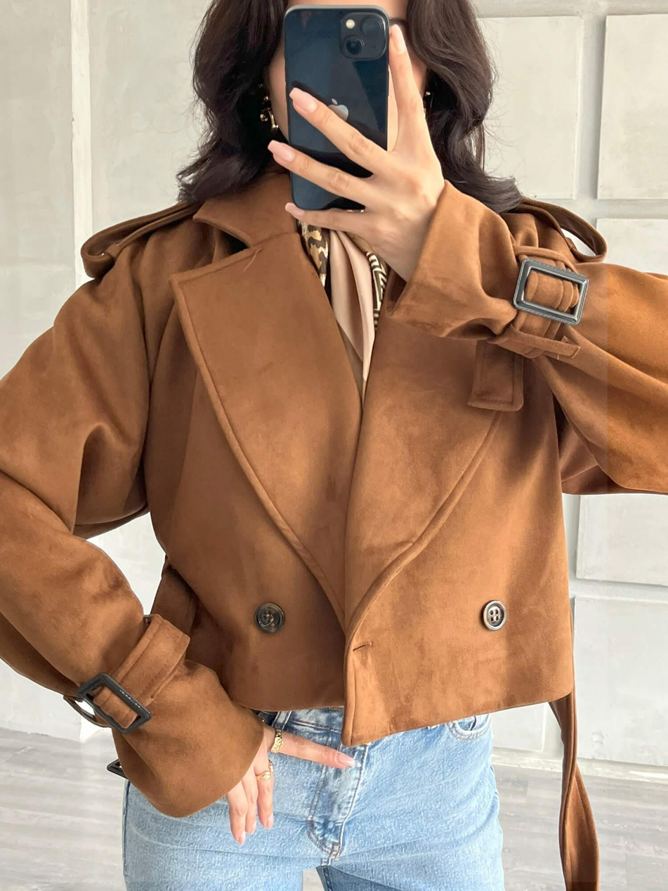 Apoletli Kısa Süet Ceket 509250 CamelCoral