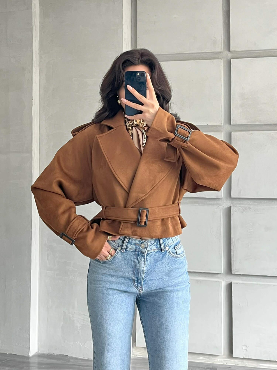 Apoletli Kısa Süet Ceket 509250 Camel