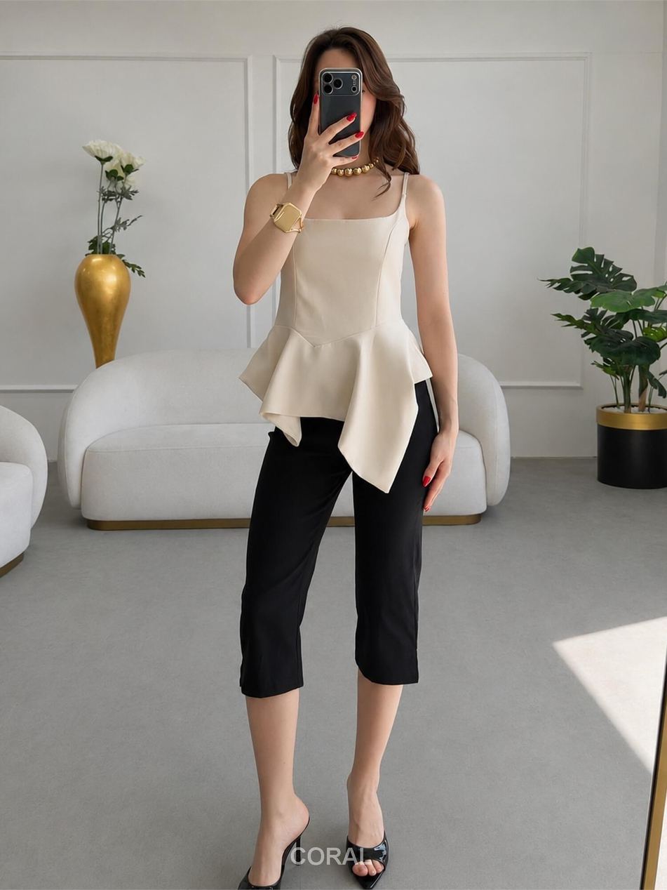 Asimetrik Volanlı Askılı Bluz 3293 KremCoral