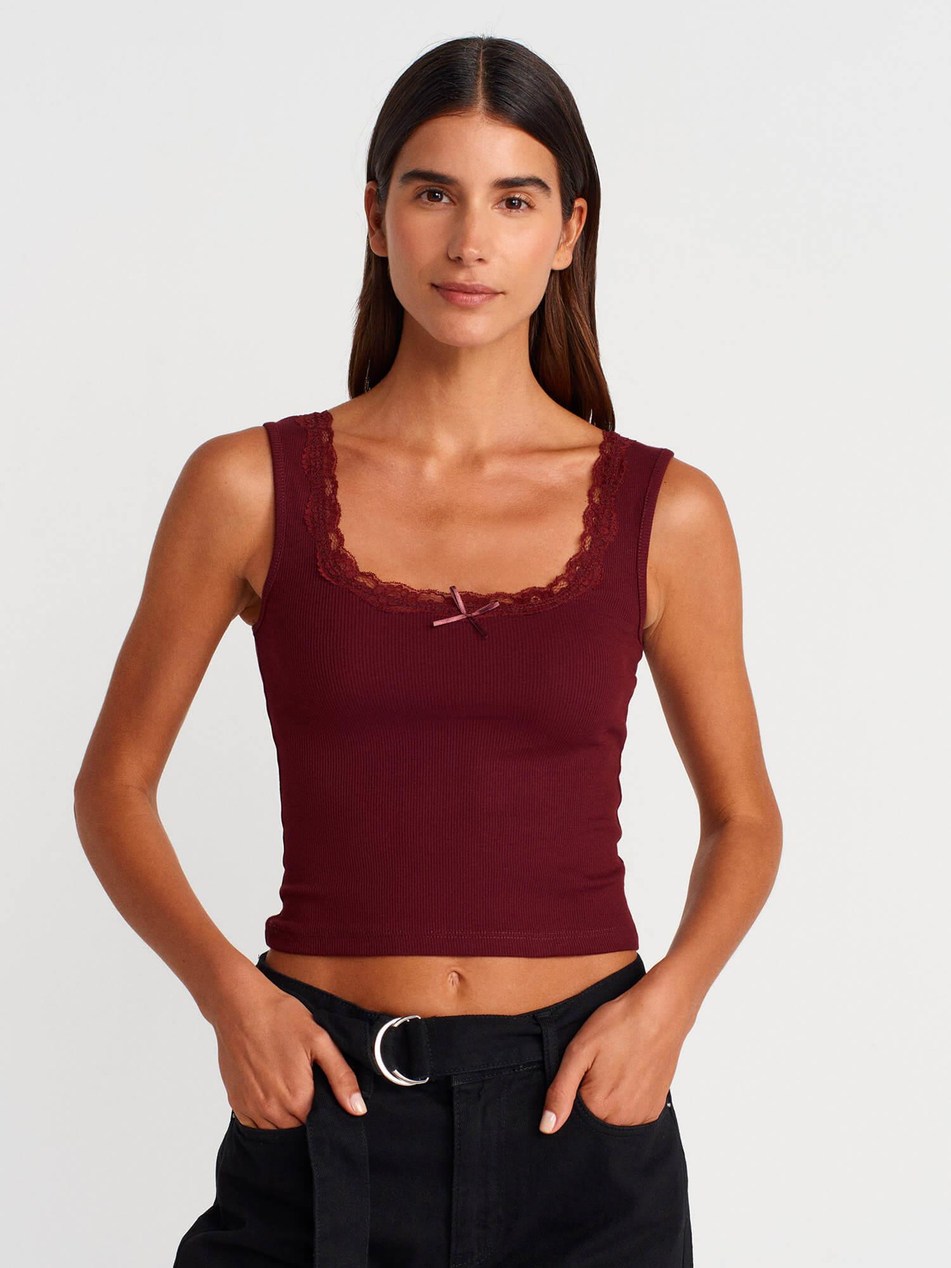 Askılı Dantelli Badi Bordo-Coral