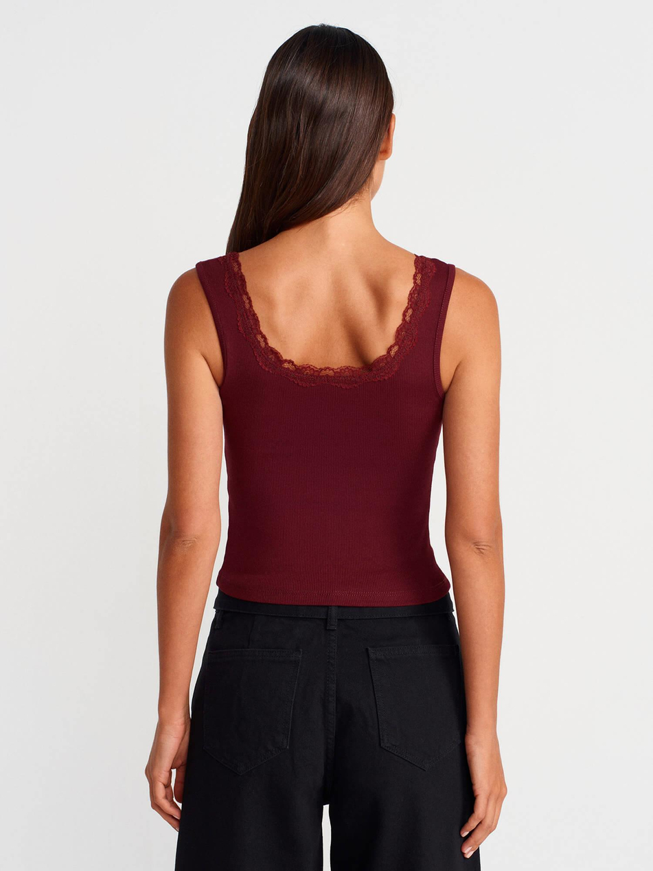 Askılı Dantelli Badi Bordo-Coral