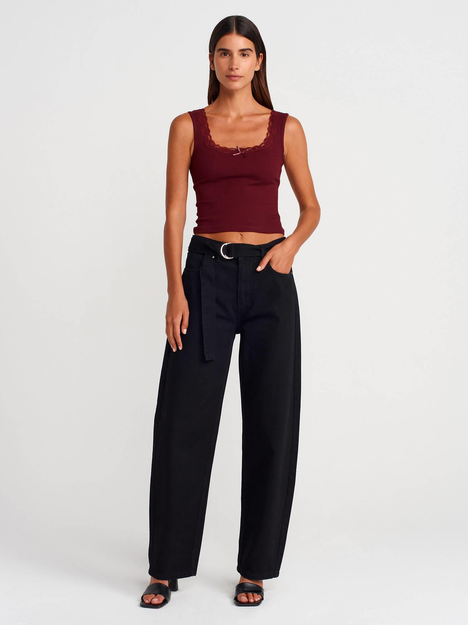 Askılı Dantelli Badi Bordo-Coral