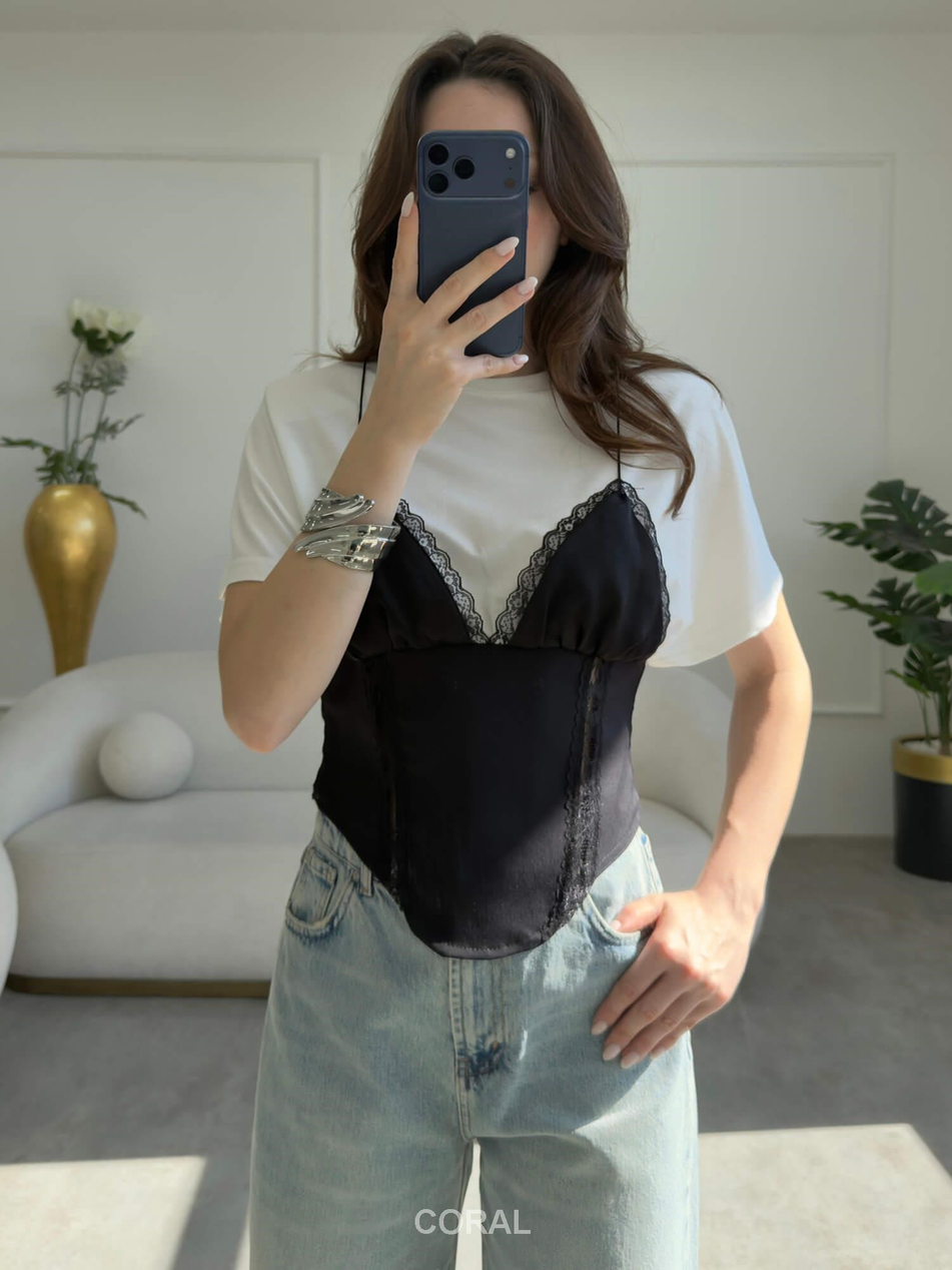 Askılı Detaylı Vatkalı Tişört 37568 Siyah / BeyazCoral