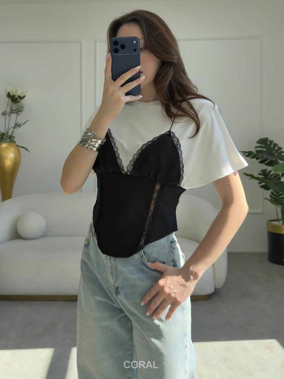 Askılı Detaylı Vatkalı Tişört 37568 Siyah / BeyazCoral