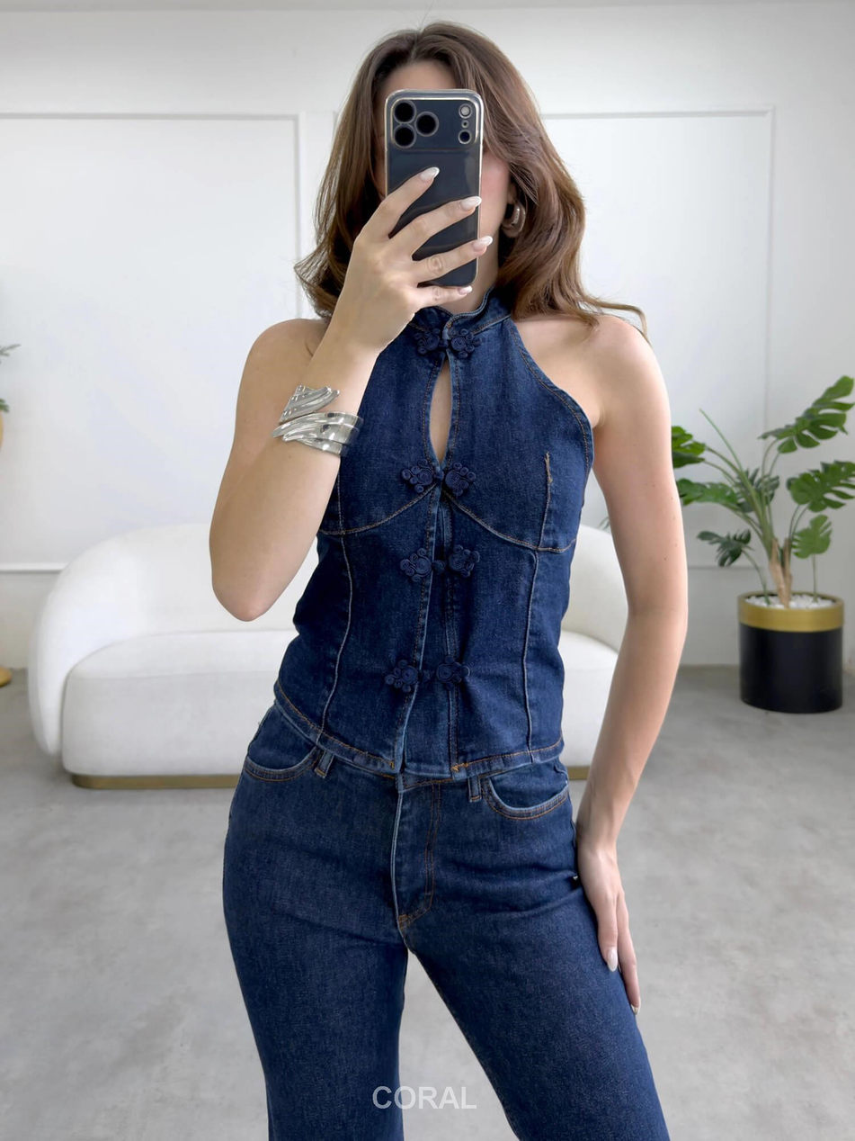 Askılı Nakışlı Bluz Pantolon Takım 30174 LacivertCoral