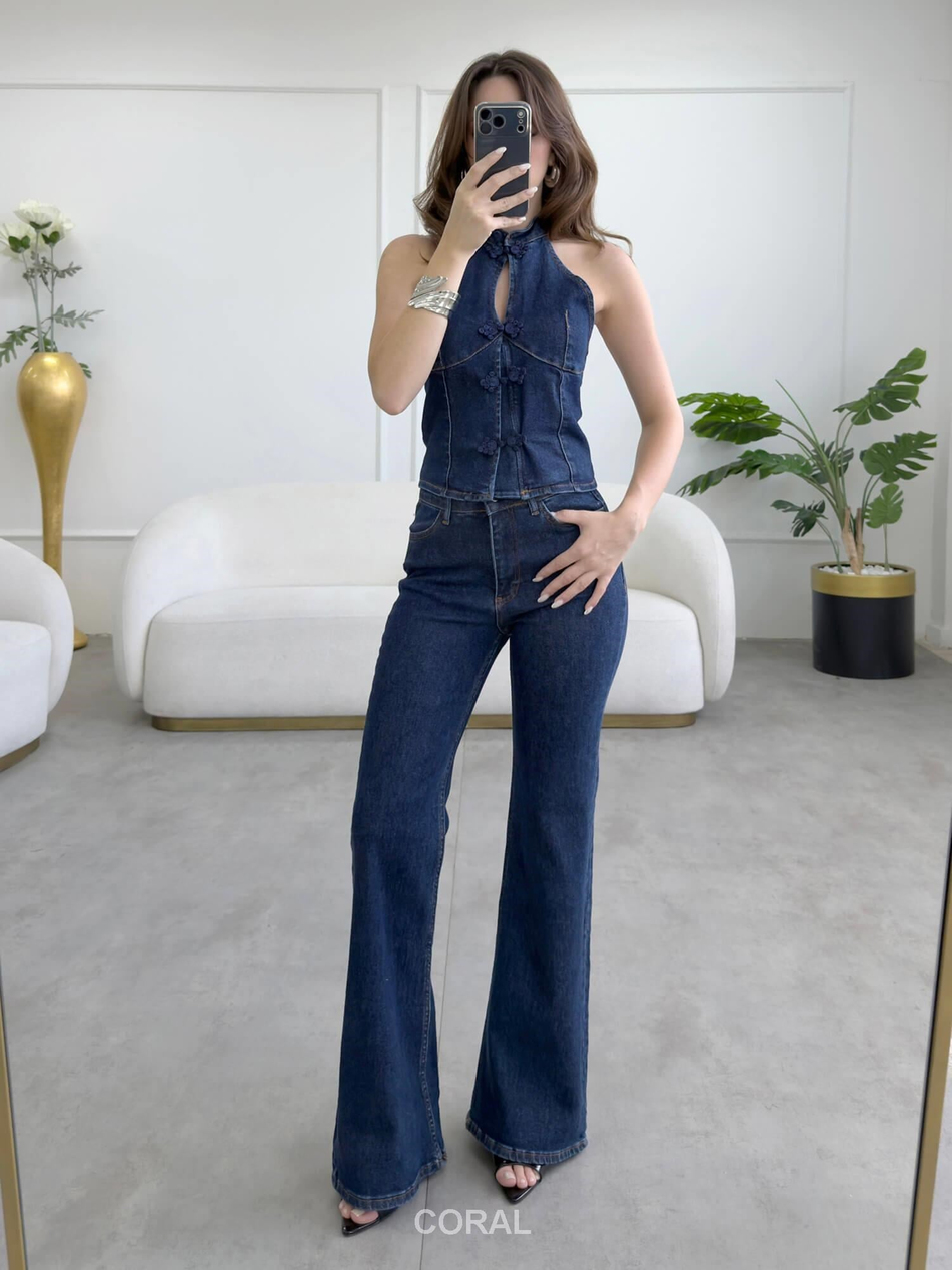 Askılı Nakışlı Bluz Pantolon Takım 30174 Lacivert