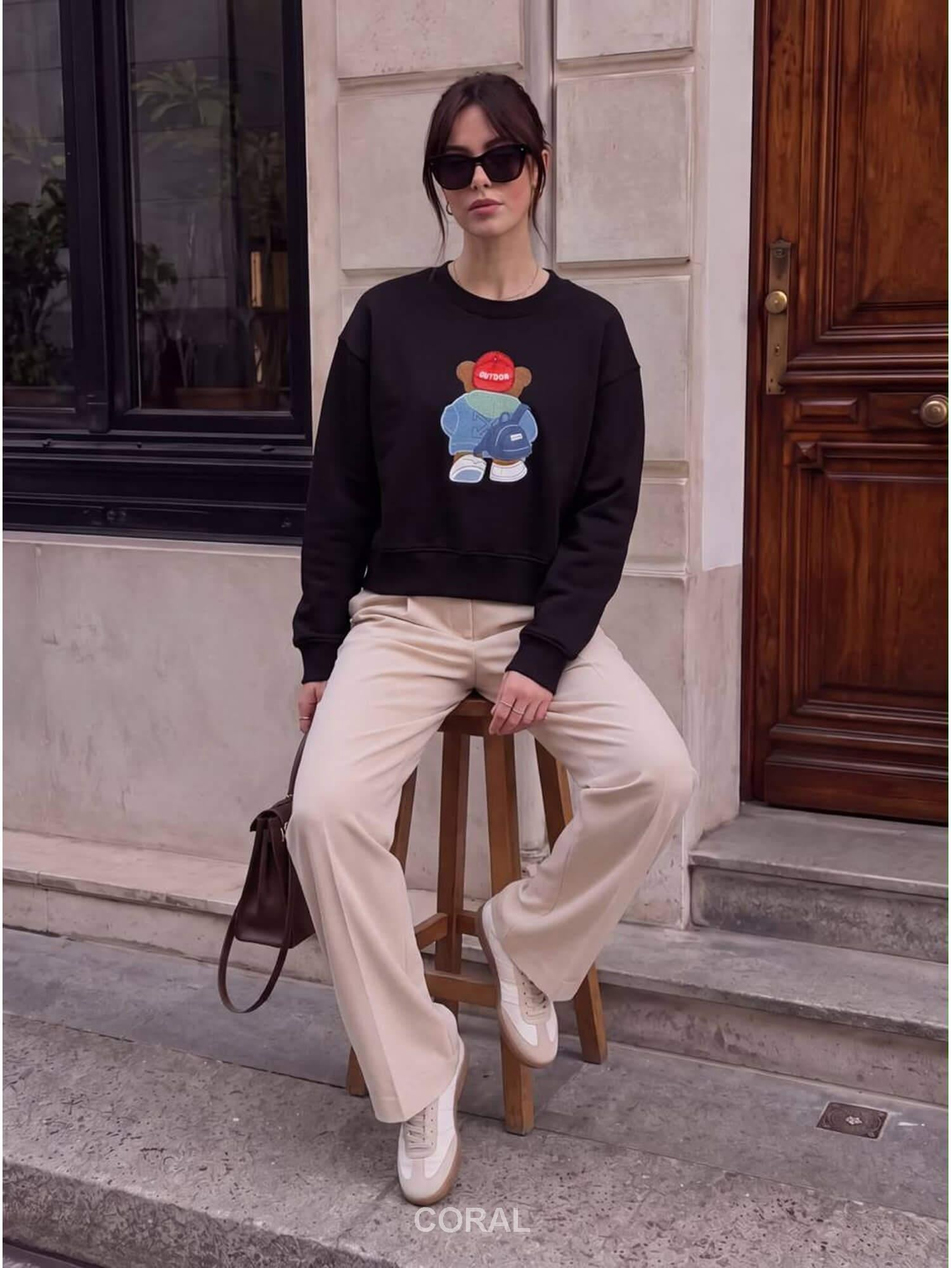 Ayıcık Nakışlı Sweatshirt 5955 Şapkalı SiyahCoral