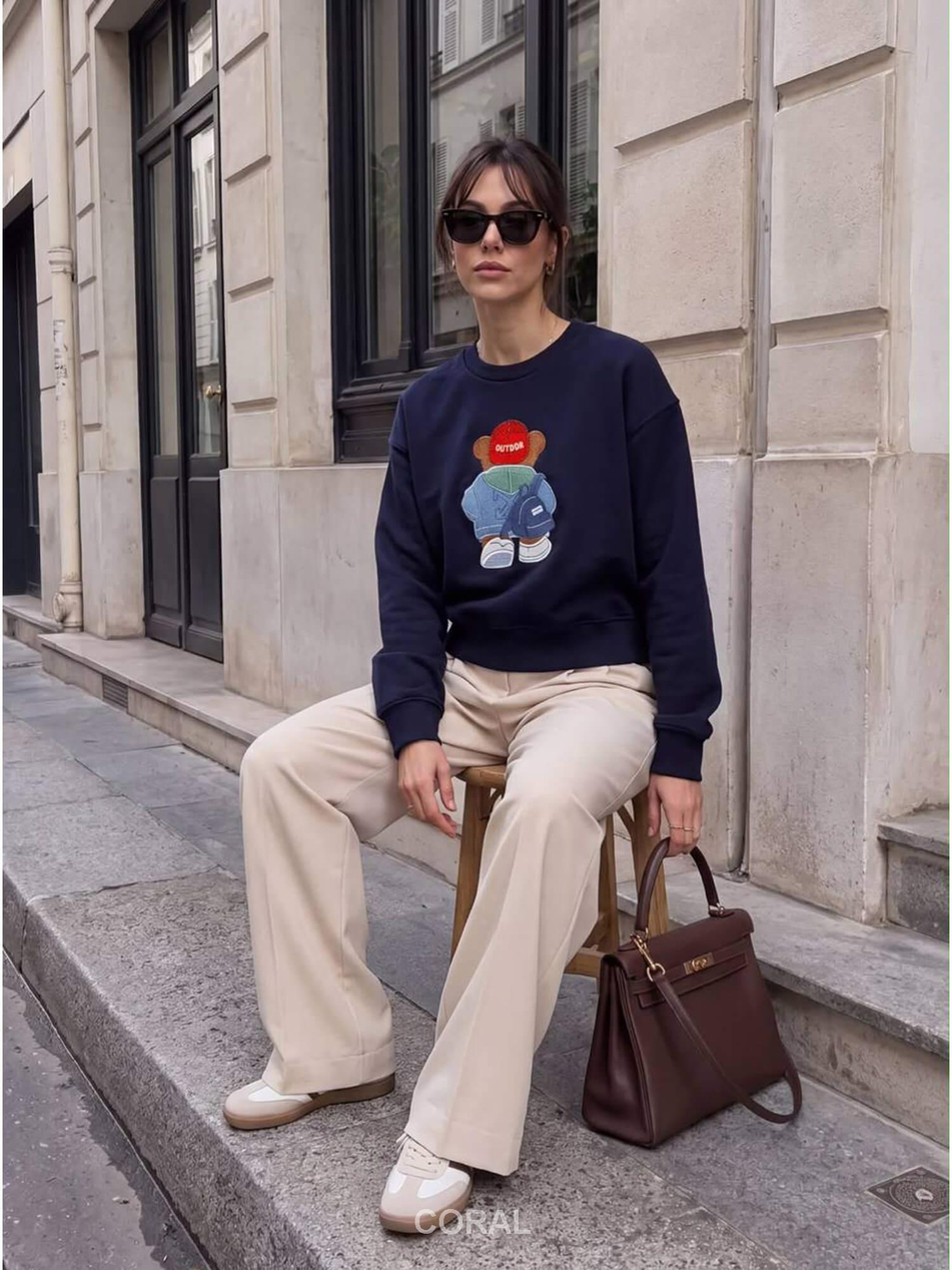 Ayıcık Nakışlı Sweatshirt 5955 Şapkalı LacivertCoral
