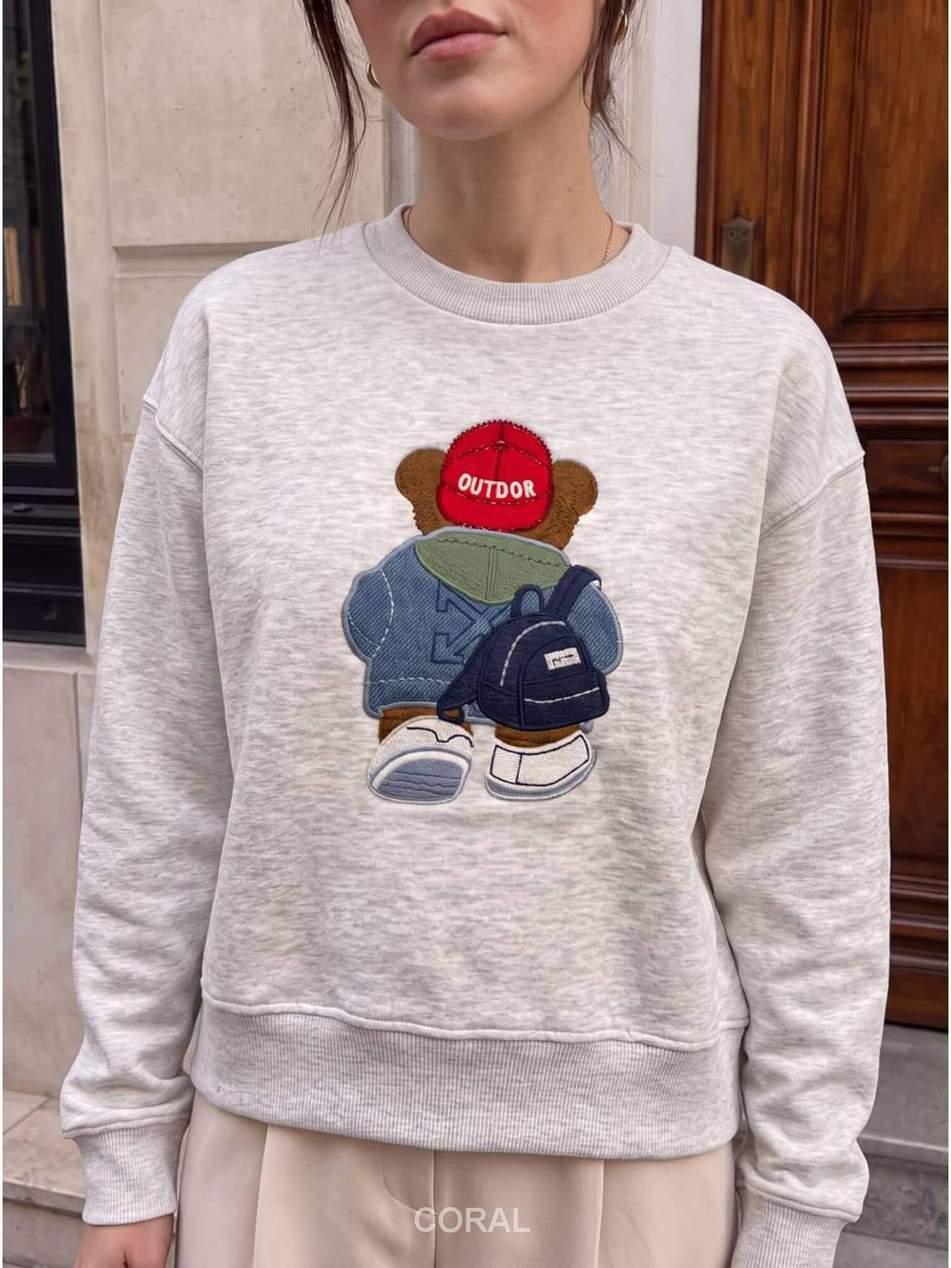 Ayıcık Nakışlı Sweatshirt 5955 Şapkalı GriCoral