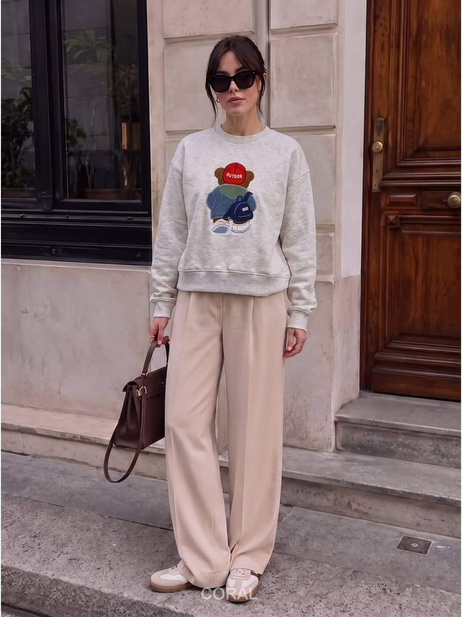 Ayıcık Nakışlı Sweatshirt 5955 Şapkalı GriCoral