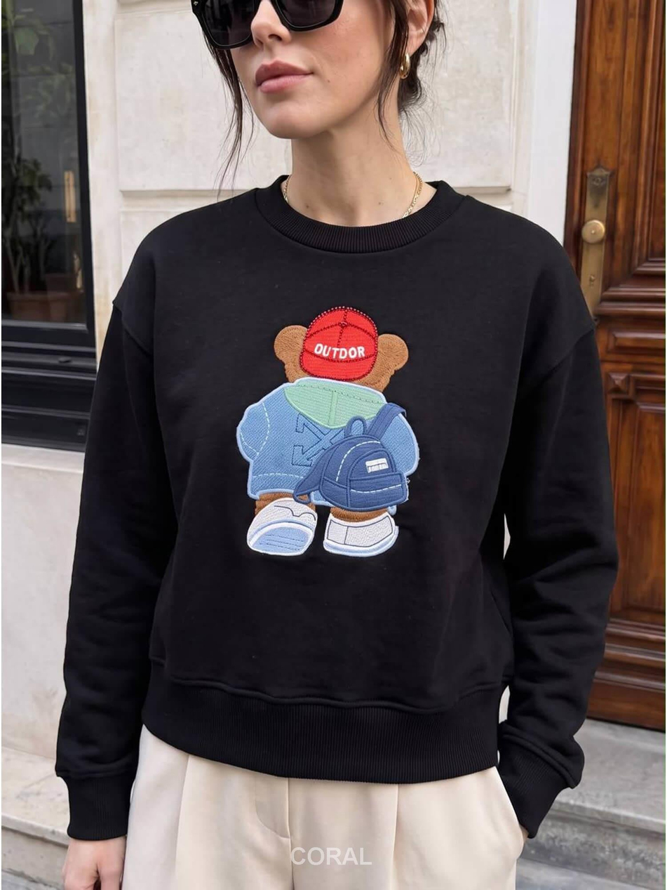 Ayıcık Nakışlı Sweatshirt 5955 Şapkalı SiyahCoral