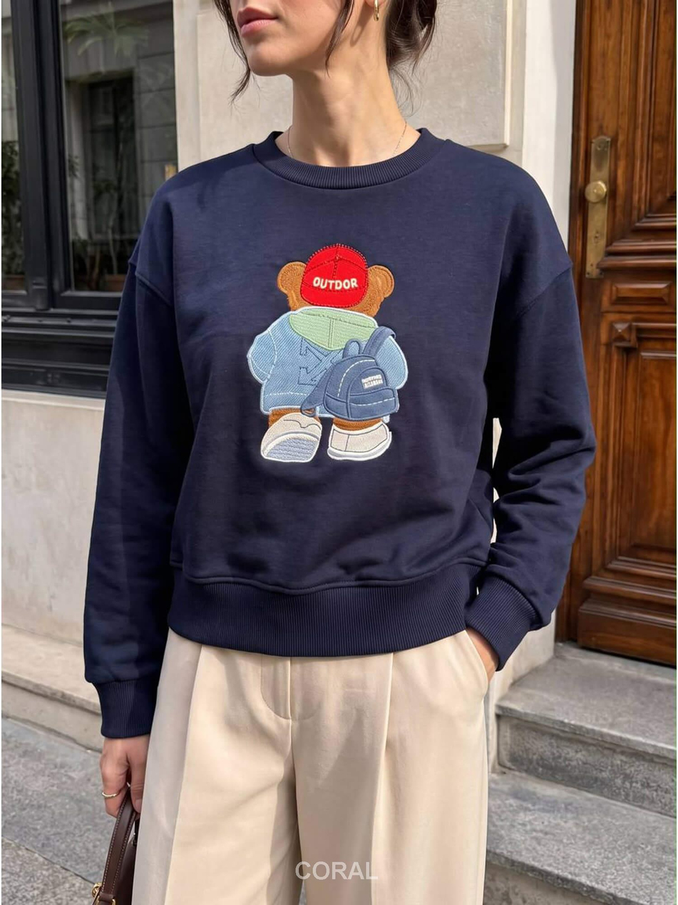 Ayıcık Nakışlı Sweatshirt 5955 Şapkalı LacivertCoral
