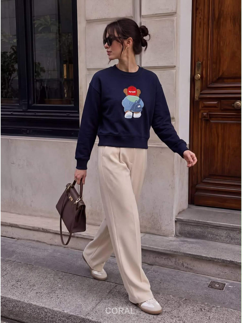 Ayıcık Nakışlı Sweatshirt 5955 Şapkalı LacivertCoral