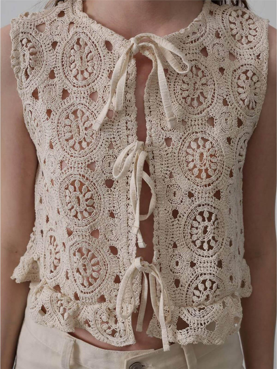Bağcıklı Dantel Yelek Naturel-Coral