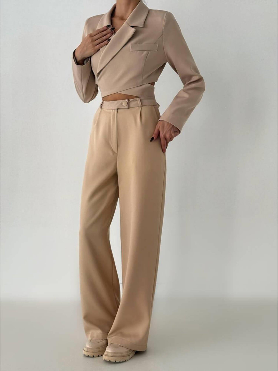 Bağlamalı Kısa Ceketli Takım 6040 BejCoral