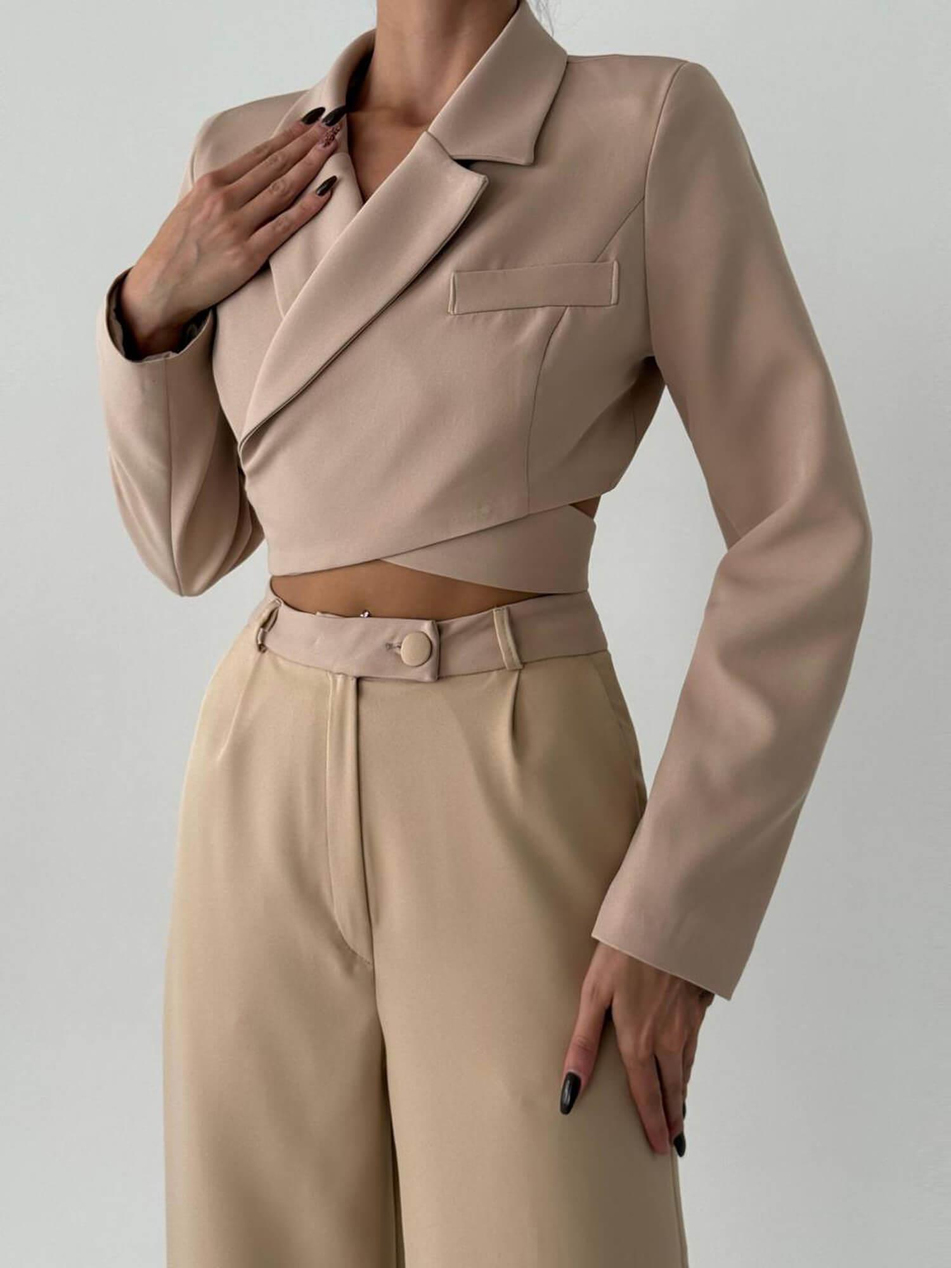 Bağlamalı Kısa Ceketli Takım 6040 BejCoral