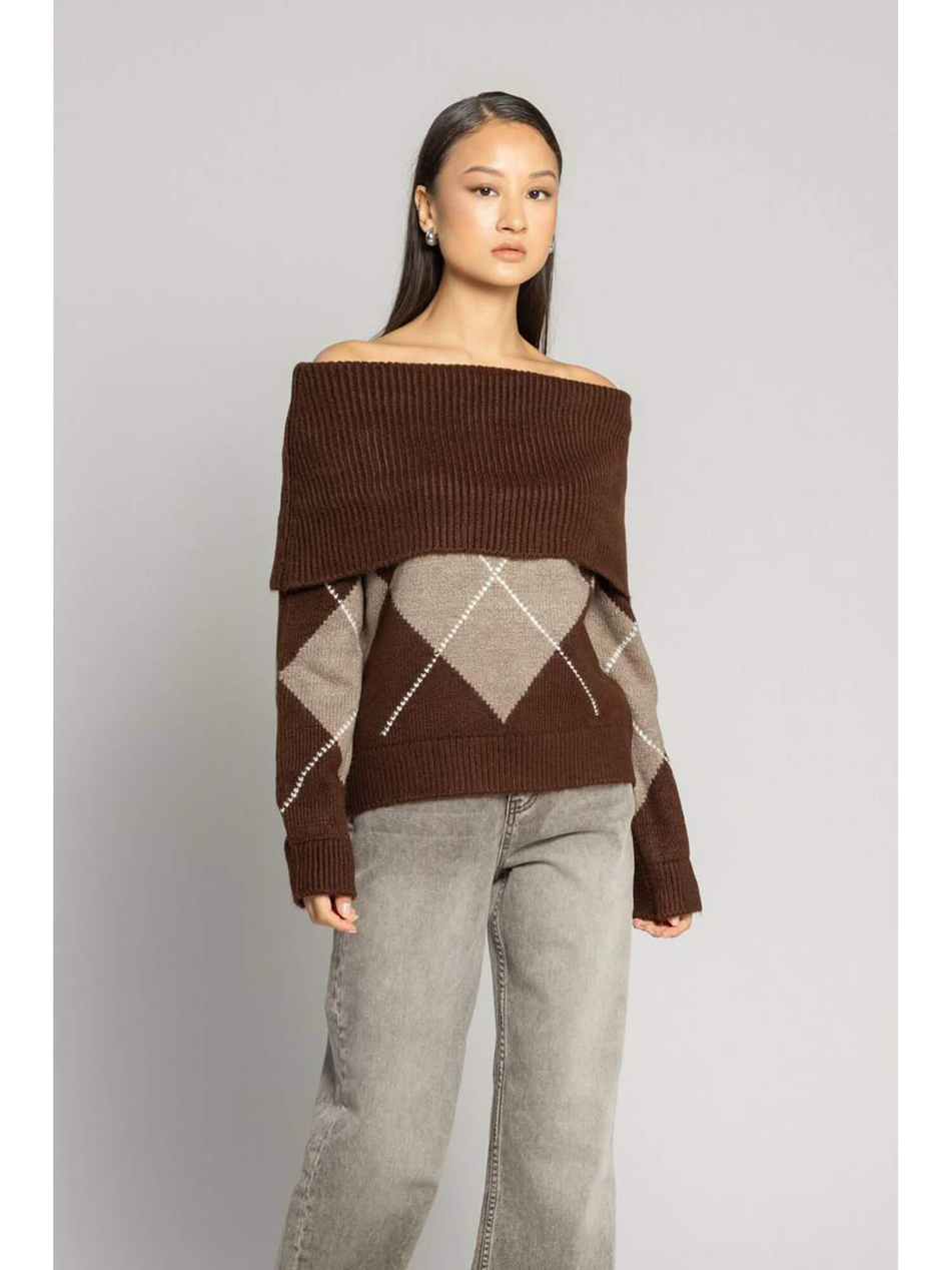 Baklava Desenli Kazak 4664 KahveCoral