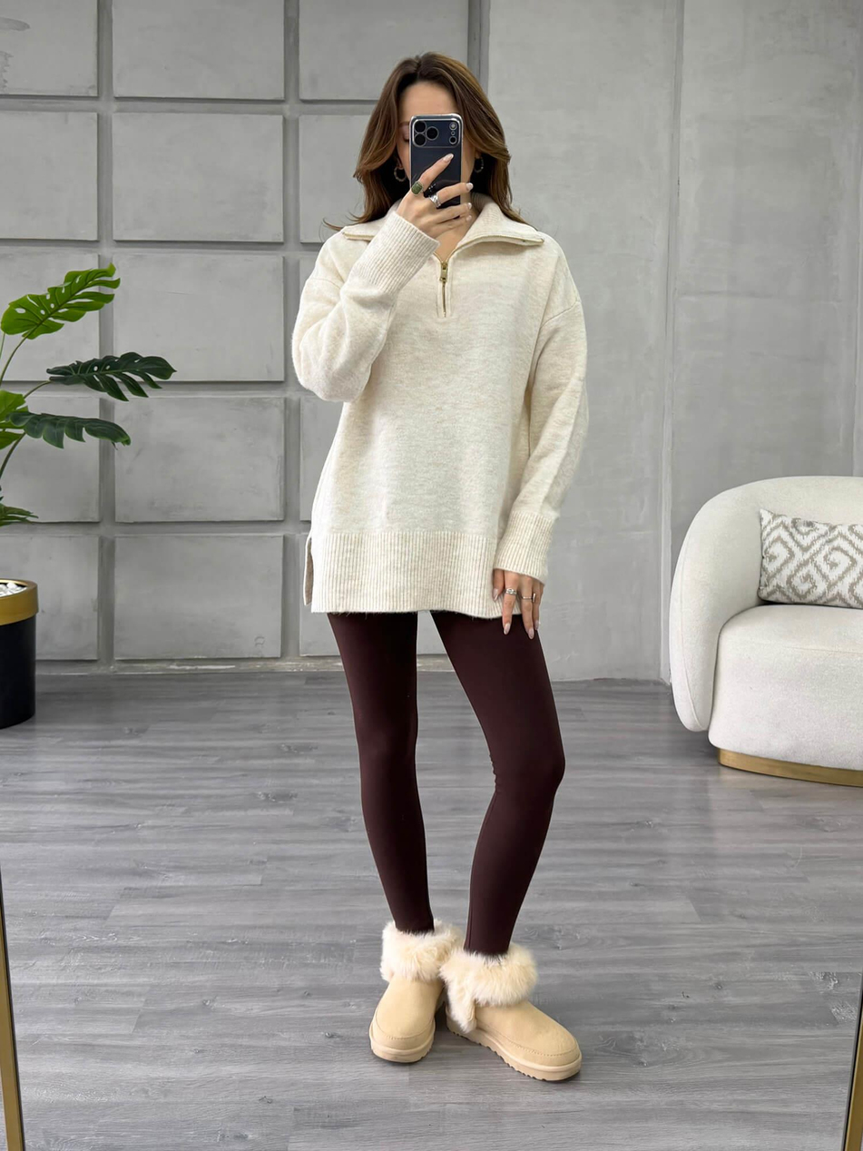 Balon Kol Yarım Fermuarlı Kazak 75307 VanilyaCoral