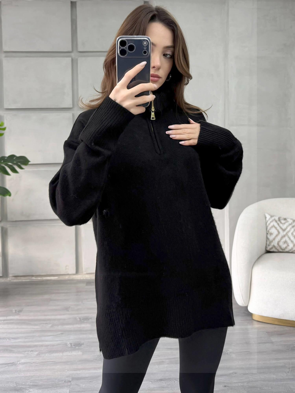 Balon Kol Yarım Fermuarlı Kazak 75307 SiyahCoral